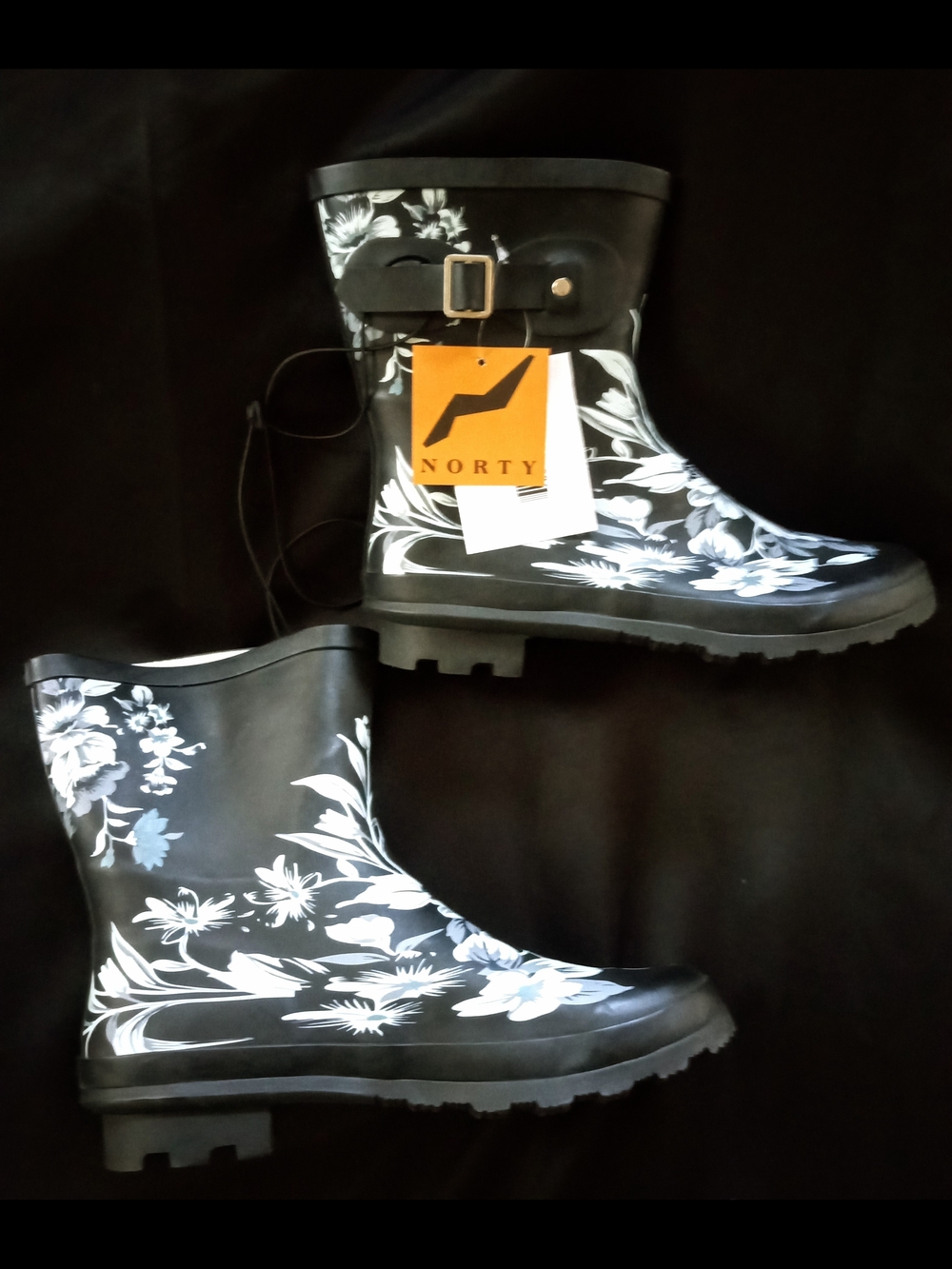 NORTY Women's Black Floral Waterproof Short Rain Boots